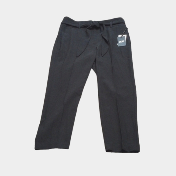 NWT DKNY Womens Dress Pants Sz 10 Black High Rise Straight Fit Tie Waist Cropped - Picture 1 of 7